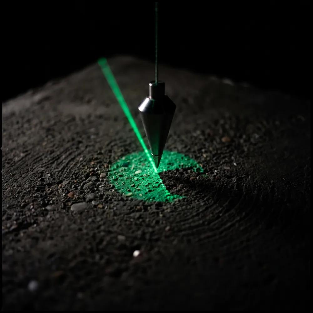 A plumb bob hanging dead still over a concrete slab, its point on an emerald mark