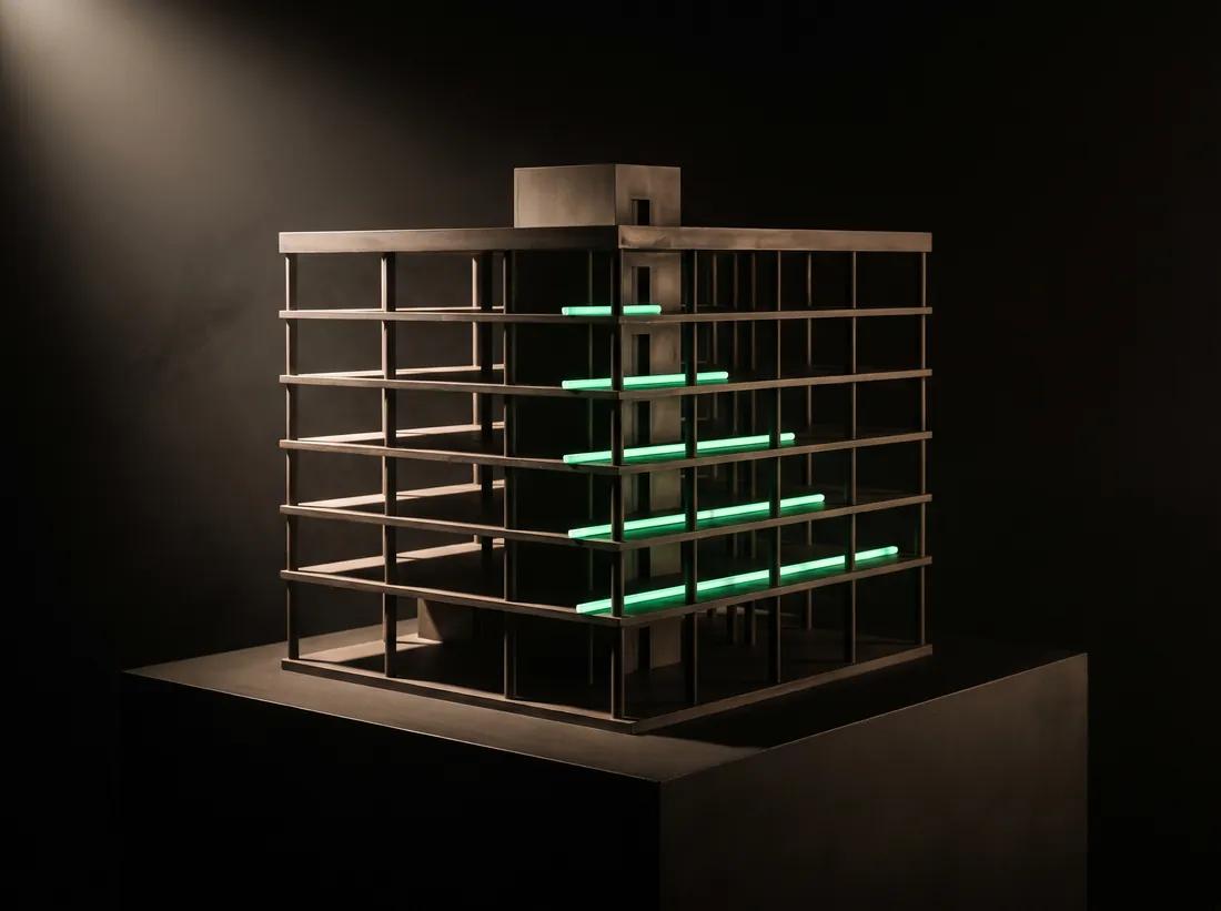 A dark architectural model of a building, its floor slabs lit by staggered emerald schedule bars