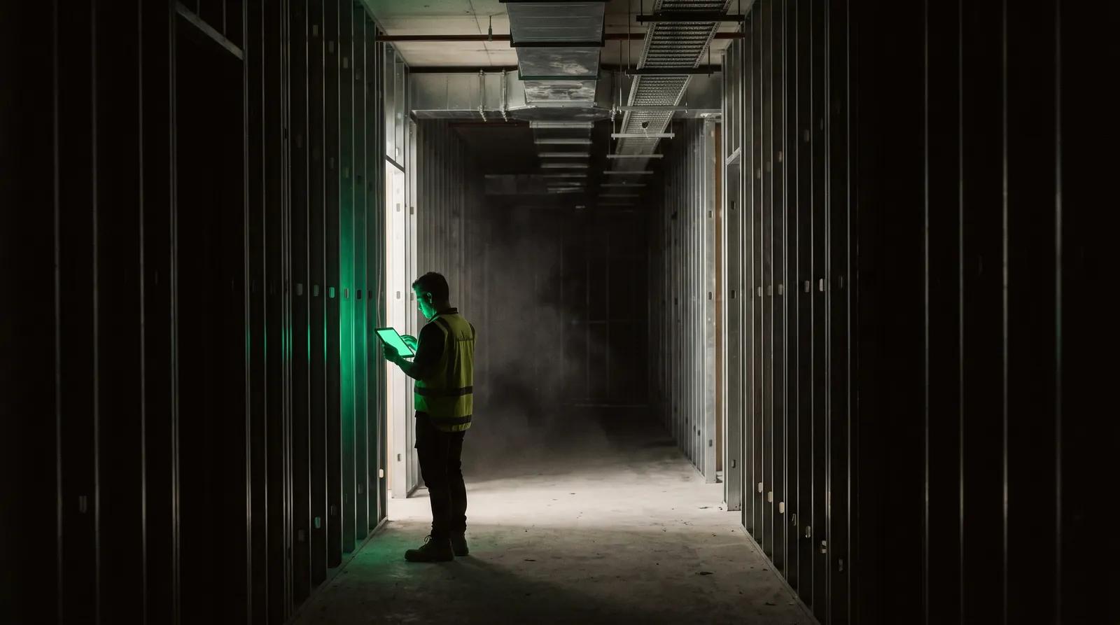 A worker alone on a dark fitout site, lit only by the tablet in their hands