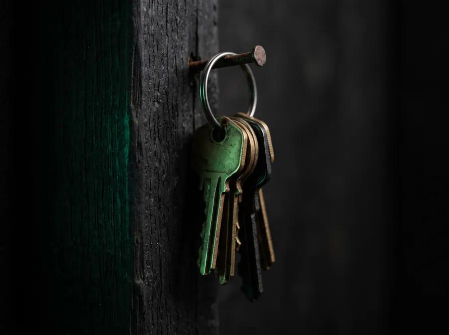 A bunch of keys hanging from a nail in a dark timber stud, edge-lit emerald